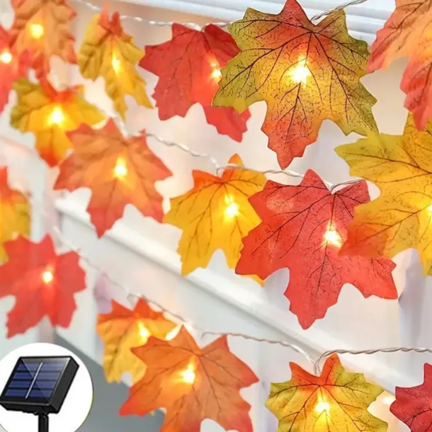 Solar Powered Artificial Maple Leaf Garland String Lights 6.5m 30LEDs Thanksgiving Halloween Autumn Leaves Decoration Outdoor Indoor Garden Patio Fireplace for Holiday Atmosphere Lighting