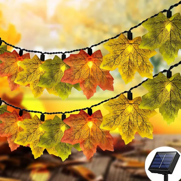 Solar Powered Artificial Maple Leaf Garland String Lights 6.5m 30LEDs Thanksgiving Halloween Autumn Leaves Decoration Outdoor Indoor Garden Patio Fireplace for Holiday Atmosphere Lighting