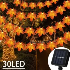 Solar Powered Artificial Maple Leaf Garland String Lights 6.5m 30LEDs Thanksgiving Halloween Autumn Leaves Decoration Outdoor Indoor Garden Patio Fireplace for Holiday Atmosphere Lighting