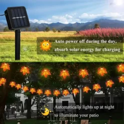 Solar Powered Artificial Maple Leaf Garland String Lights 6.5m 30LEDs Thanksgiving Halloween Autumn Leaves Decoration Outdoor Indoor Garden Patio Fireplace for Holiday Atmosphere Lighting