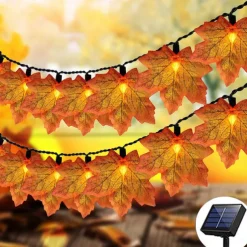Solar Powered Artificial Maple Leaf Garland String Lights 6.5m 30LEDs Thanksgiving Halloween Autumn Leaves Decoration Outdoor Indoor Garden Patio Fireplace for Holiday Atmosphere Lighting