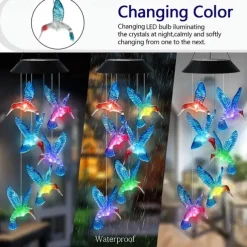 Solar Wind Chimes - Color Changing LED Hummingbird Lights for Garden & Patio Decoration