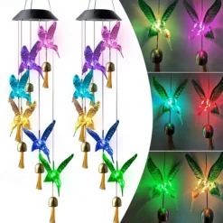 Solar Wind Chimes Bell Dragonfly LED Lights Outdoor Waterproof Auto Light Color-Changing Solar Powered Hanging Lights for Courtyard Garden Patio Festival Decoration