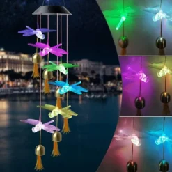 Solar Wind Chimes Bell Dragonfly LED Lights Outdoor Waterproof Auto Light Color-Changing Solar Powered Hanging Lights for Courtyard Garden Patio Festival Decoration