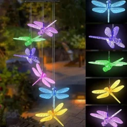 Solar Wind Chimes Lights Waterproof Green Dragonfly Shape Color Changing Lights Romantic Wind Bell Light LED Solar Mobile Hanging Decor For Garden Patio