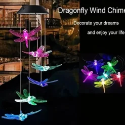 Solar Wind Chimes Lights Waterproof Green Dragonfly Shape Color Changing Lights Romantic Wind Bell Light LED Solar Mobile Hanging Decor For Garden Patio