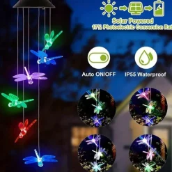 Solar Wind Chimes Lights Waterproof Green Dragonfly Shape Color Changing Lights Romantic Wind Bell Light LED Solar Mobile Hanging Decor For Garden Patio