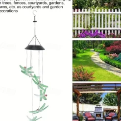 Solar Wind Chimes Lights Waterproof Green Dragonfly Shape Color Changing Lights Romantic Wind Bell Light LED Solar Mobile Hanging Decor For Garden Patio
