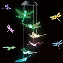 Solar Wind Chimes Lights Waterproof Green Dragonfly Shape Color Changing Lights Romantic Wind Bell Light LED Solar Mobile Hanging Decor For Garden Patio