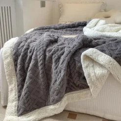 Solid Color Thickened Warm Double Layer Lamb Cashmere Jacquard Blanket Office Nap Blanket Sofa Warmer Super Soft Blankets