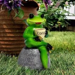 Songlake Creative Cute Frog Statue Garden Frog Drinking Coffee Resin Statuette Craft Decoration Sculpture Indoor Outdoor Garden Decoration