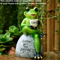 Songlake Creative Cute Frog Statue Garden Frog Drinking Coffee Resin Statuette Craft Decoration Sculpture Indoor Outdoor Garden Decoration