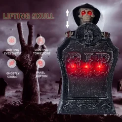 Spooky Halloween Cemetery Decor - Electric Grave Marker with Glowing Red Eyes & "RIP" Design, Battery-Powered Outdoor/Indoor Decoration for Haunted Houses, Bar & Garden, Cemetery Decorations, Bar