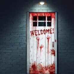 Spooky Halloween Door Decal - 71.65x28.35inch, Blood-Red Handprint Welcome Sign & Pumpkins, Plastic, Perfect for Party & Home Decor, Halloween Decorations