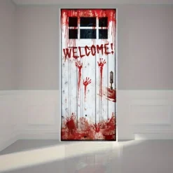 Spooky Halloween Door Decal - 71.65x28.35inch, Blood-Red Handprint Welcome Sign & Pumpkins, Plastic, Perfect for Party & Home Decor, Halloween Decorations