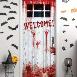Spooky Halloween Door Decal - 71.65x28.35inch, Blood-Red Handprint Welcome Sign & Pumpkins, Plastic, Perfect for Party & Home Decor, Halloween Decorations