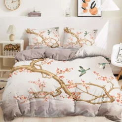 Spring Humming Bird Duvet Cover Set 100% Cotton Soft and Breathable Bedding Featuring Prints Lightweight and Durable Quilt Cover Comfortable for All Seasons Easy to Care