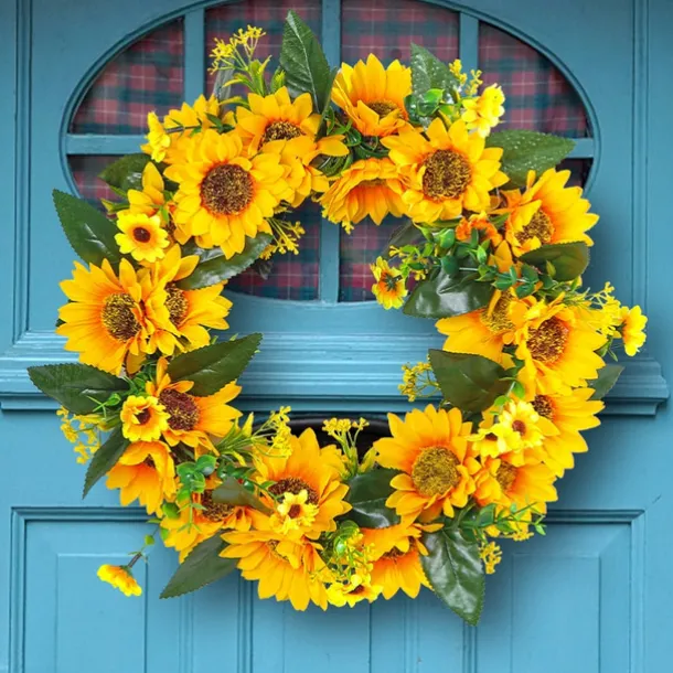 Spring Wreath Artificial Sunflower & Vine Garland - Rustic Hanging Decoration for Doors, Fences, Windows & Storefronts