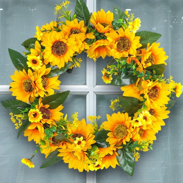 Spring Wreath Artificial Sunflower & Vine Garland - Rustic Hanging Decoration for Doors, Fences, Windows & Storefronts