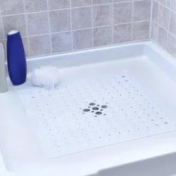 Square Bath Mat Non-slip Shower Mats - 21 x 21 inch Non Slip Bathtub Mat with Suction Cup, Safety Shower Stall Mats for Kids & Elderly, Shower Mat with Drain Holes, Machine Washable, Clear White