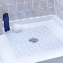 Square Bath Mat Non-slip Shower Mats - 21 x 21 inch Non Slip Bathtub Mat with Suction Cup, Safety Shower Stall Mats for Kids & Elderly, Shower Mat with Drain Holes, Machine Washable, Clear White