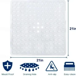 Square Bath Mat Non-slip Shower Mats - 21 x 21 inch Non Slip Bathtub Mat with Suction Cup, Safety Shower Stall Mats for Kids & Elderly, Shower Mat with Drain Holes, Machine Washable, Clear White