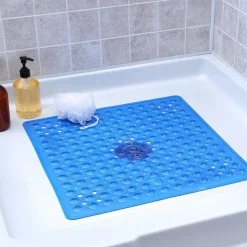 Square Bath Mat Non-slip Shower Mats - 21 x 21 inch Non Slip Bathtub Mat with Suction Cup, Safety Shower Stall Mats for Kids & Elderly, Shower Mat with Drain Holes, Machine Washable, Clear White