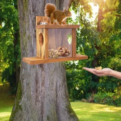 Squirrel Feeder, Wall Mounted Wooden Sturdy Structure Backyard Squirrel Canteen, Damp Proof Outdoor Log Squirrel Feeding Box for Garden, Tree