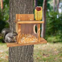 Squirrel Feeder, Wall Mounted Wooden Sturdy Structure Backyard Squirrel Canteen, Damp Proof Outdoor Log Squirrel Feeding Box for Garden, Tree