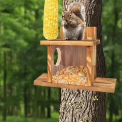 Squirrel Feeder, Wall Mounted Wooden Sturdy Structure Backyard Squirrel Canteen, Damp Proof Outdoor Log Squirrel Feeding Box for Garden, Tree