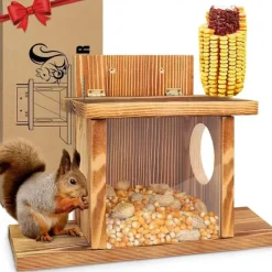 Squirrel Feeder, Wall Mounted Wooden Sturdy Structure Backyard Squirrel Canteen, Damp Proof Outdoor Log Squirrel Feeding Box for Garden, Tree