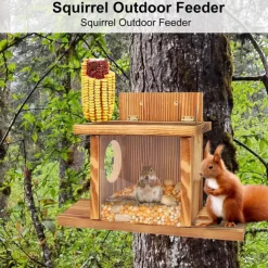 Squirrel Feeder, Wall Mounted Wooden Sturdy Structure Backyard Squirrel Canteen, Damp Proof Outdoor Log Squirrel Feeding Box for Garden, Tree