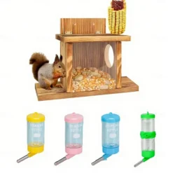 Squirrel Feeder, Wall Mounted Wooden Sturdy Structure Backyard Squirrel Canteen, Damp Proof Outdoor Log Squirrel Feeding Box for Garden, Tree