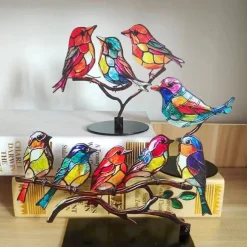 Stained Birds On Branch Desktop Ornaments,Metal Flat Vivid Birds Decorations On Branch,Double Sided Multicolor Hummingbird Craft Statue Table Gift for Bird Lovers