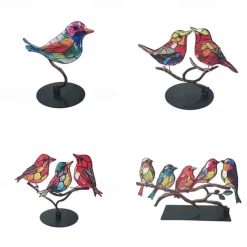 Stained Birds On Branch Desktop Ornaments,Metal Flat Vivid Birds Decorations On Branch,Double Sided Multicolor Hummingbird Craft Statue Table Gift for Bird Lovers