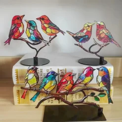 Stained Birds On Branch Desktop Ornaments,Metal Flat Vivid Birds Decorations On Branch,Double Sided Multicolor Hummingbird Craft Statue Table Gift for Bird Lovers