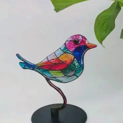 Stained Birds On Branch Desktop Ornaments,Metal Flat Vivid Birds Decorations On Branch,Double Sided Multicolor Hummingbird Craft Statue Table Gift for Bird Lovers