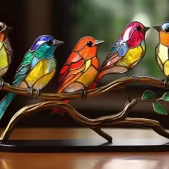 Stained Birds On Branch Desktop Ornaments,Metal Flat Vivid Birds Decorations On Branch,Double Sided Multicolor Hummingbird Craft Statue Table Gift for Bird Lovers
