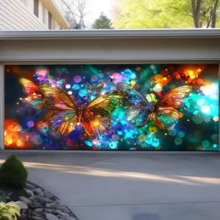 Stained Glass Butteflies Outdoor Garage Door Cover Banner Beautiful Large Backdrop Decoration for Outdoor Garage Door Home Wall Decorations Event Party Parade