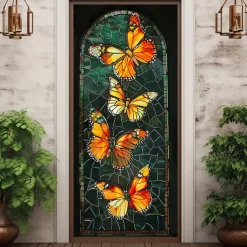 Stained Glass Butterfly Door Covers Mural Decor Door Tapestry Door Curtain Decoration Backdrop Door Banner Removable for Front Door Indoor Outdoor Home Room Decoration Farmhouse Decor Supplies