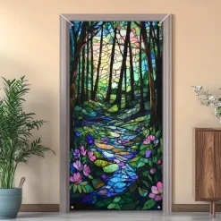 Stained Glass Effect Door Decorations Door Covers Door Tapestry Door Curtain Decoration Backdrop Indoor/Outdoor Door Banner for Front Door Farmhouse