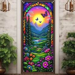 Stained Glass Effect Door Decorations Door Covers Door Tapestry Door Curtain Decoration Backdrop Indoor/Outdoor Door Banner for Front Door Farmhouse