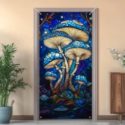 Stained Glass Effect Door Decorations Door Covers Mushrooms Door Tapestry Door Curtain Decoration Backdrop Indoor/Outdoor Door Banner for Front Door Farmhouse