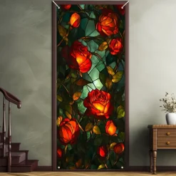 Stained Glass Effect Door Decorations Door Covers Roses Door Tapestry Door Curtain Decoration Backdrop Indoor/Outdoor Door Banner for Front Door Farmhouse