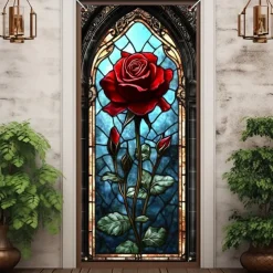 Stained Glass Effect Door Decorations Door Covers Roses Door Tapestry Door Curtain Decoration Backdrop Indoor/Outdoor Door Banner for Front Door Farmhouse