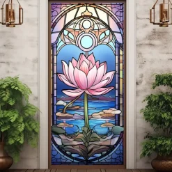 Stained Glass Lotus Door Covers Mural Decor Door Tapestry Door Curtain Decoration Backdrop Door Banner Removable for Front Door Indoor Outdoor Home Room Decoration Farmhouse Decor Supplies