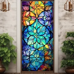 Stained Glass Lucky Clover Door Covers Mural Decor Door Tapestry Door Curtain Decoration Backdrop Door Banner Removable for Front Door Indoor Outdoor Home Room Decoration Farmhouse Decor Supplies