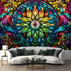 Stained Glass Mandala Wall Hanging Tapestry Wall Art Large Tapestry Mural Decor Photograph Backdrop Blanket Curtain Home Bedroom Living Room Decoration