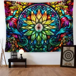 Stained Glass Mandala Wall Hanging Tapestry Wall Art Large Tapestry Mural Decor Photograph Backdrop Blanket Curtain Home Bedroom Living Room Decoration