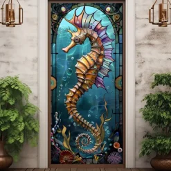 Stained Glass Seahorse Door Covers Door Tapestry Door Curtain Decoration Backdrop Door Banner for Front Door Farmhouse Holiday Party Decor Supplies
